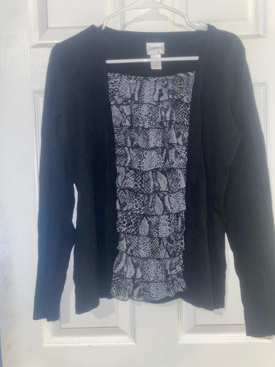 Chico's Sweaters - Chico's Black Cardigan with Gray Patterned Ruffle Panel